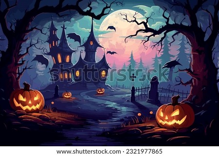 Halloween night, pumpkins, dark atmosphere, vector illustration Royalty-Free Stock Photo #2321977865