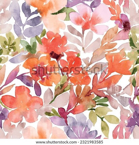 Seamless watercolor textured floral pattern with leaf background in red, green and blue