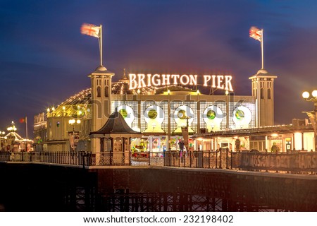 Brighton Pier at Night, Sussex, England, UK Royalty-Free Stock Photo #232198402