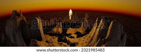 a sunset in the mountains view with a glowing soul of lighting Royalty-Free Stock Photo #2321985483