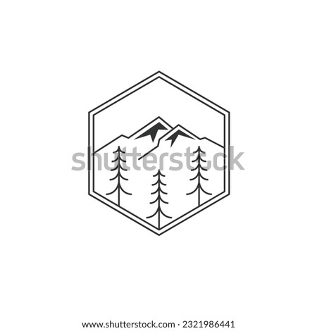 Mountain with pine trees,line badge logo design inspiration