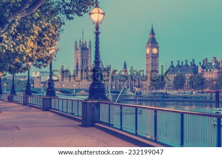 Retro Photo  Filter Effect - Street Lamp on South Bank of River Thames with Big Ben and Palace of Westminster in Background, London, England, UK