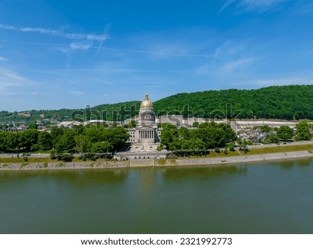 Aerial view of the West Virginia State Capitol which is the seat of government for the U.S. state of West Virginia, and houses the West Virginia Legislature and the office of the Governor Royalty-Free Stock Photo #2321992773