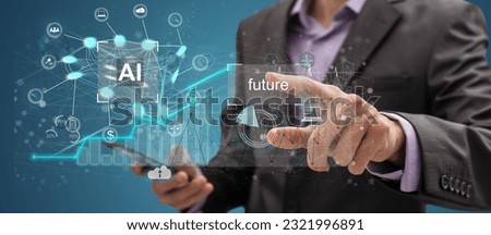AI, Artificial Intelligence and machine learning, Businessman holds a smart phone with artificial intelligence data to control the robot to work in factory, Innovative of technology and futuristic.