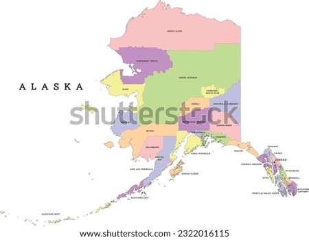 Alaska state administrative map with boroughs and census areas. Clored. Vectored. Yellow, green, blue, pink, violet Royalty-Free Stock Photo #2322016115