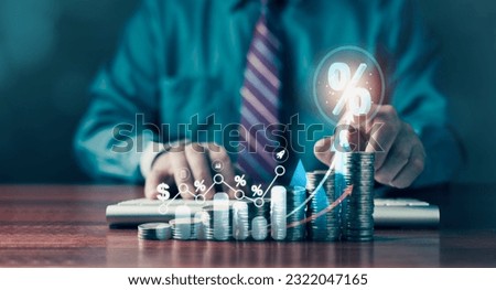 Businessman showcasing a percentage icons and up arrow icons, complemented by graph indicators symbolizing growth and progress, financial interest ratings, mortgage rates, stocks