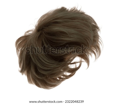Short straight Wig hair style fly fall explosion. Dark Brown man woman wig hair float in mid air. Straight brown blonde wig hair wind blow cloud throw. White background isolated