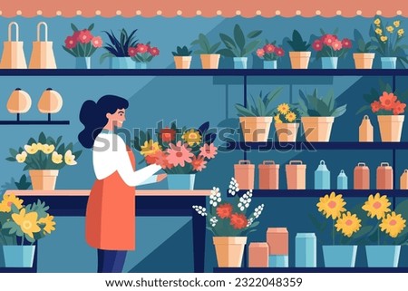 Florist woman standing in front of a flower shop, with colorful flowers in different shaped vases. Flower store business background, flat art style vector illustration. Royalty-Free Stock Photo #2322048359