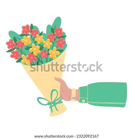 Bouquet of flowers in hands. Illustration of hand holding flowers. Design element for greeting card, invitation, print, sticker. Illustration for birthday, mother's day, valentine's and woman's day.