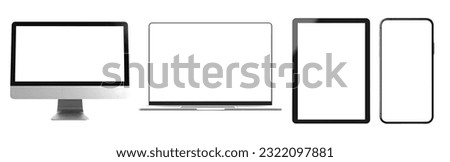 Tablet desktop computer smartphone handphone with white screen cutout on white background. Mockup template for artwork design. Copy text space. 3D rendering