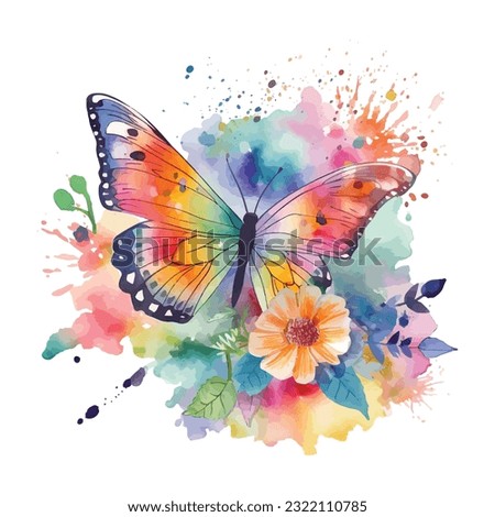 Butterfly and Flowers Colorfull  watercolor  clip art