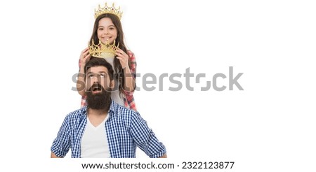 My father is super. Small daughter reward father with crown. Bearded man got reward from small child. Prize reward. Reward success. Coronation day. Royal family. Being rewarded