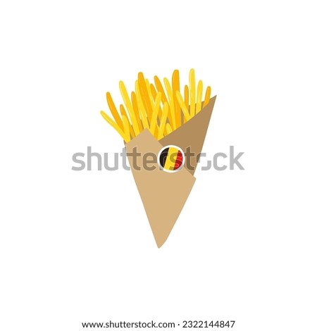 French fries Belgian fast food in a paper cone with a country flag sticker. Vector cartoon hand drawn colorful illustration. Isolate on a white background Royalty-Free Stock Photo #2322144847