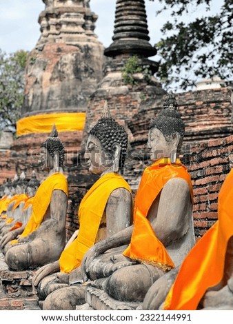 a photography of a row of buddha statues with orange robes, several statues of buddhas sitting in a row with orange robes