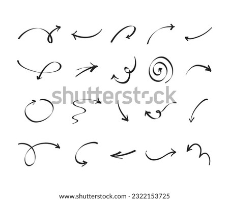 Hand Drawn Arrow Set. Set of vector curved arrows hand drawn. Sketch doodle style. Collection of pointers.