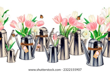 Watercolour drawn seamless border from metal watering cans with beautiful white and pink tulip flower bouquets and butterlies on white background. Perfect for stickers, logo, invitations, banner, card