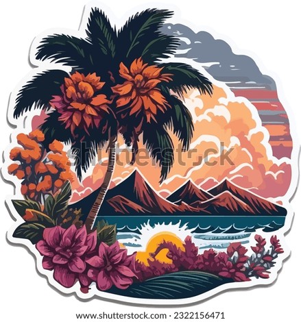 Vintage tropical art of colorful clean beach island logo design
