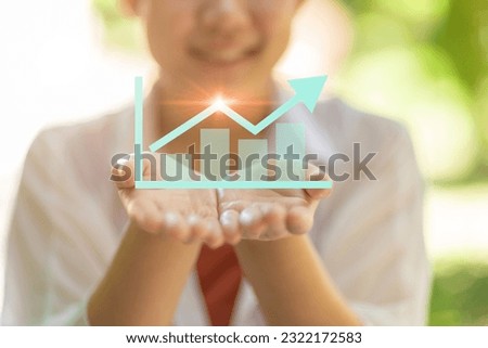 Business profit chat sign icon on happy woman teen hand for good wealth investment saving money lifestyle concept.