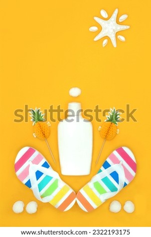 Summer holiday beach accessory essentials with suntan lotion, rainbow flip flops, pineapple cocktail sticks, decorative seashells and starfish sun. Abstract fun design for vacation.