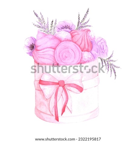 Hand drawn watercolor sweets and flowers in a basket isolated on white background. Can be used for cards, patterns, label