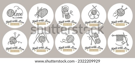 Set of stickers Knitting. knitting needles with skeins of yarn and lettering Knit with love. Hobby icons, logo, vector Royalty-Free Stock Photo #2322209929