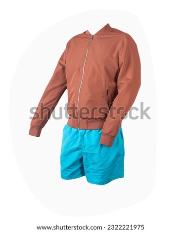 mens red bomber jacket and blue sports shorts isolated on white background. fashionable casual wear