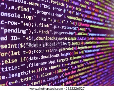 Template of website, selective focus. Shallow depth of field, selective focus effect. Php code on blue background in code editor. Coding hacker concept. IT coding on monitor screen
