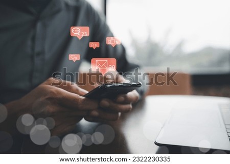 Living the digital lifestyle on vacation with social media. man using smartphone to follow, like, and share multimedia content. Social Distancing and Working From Home. Social media concept Royalty-Free Stock Photo #2322230335