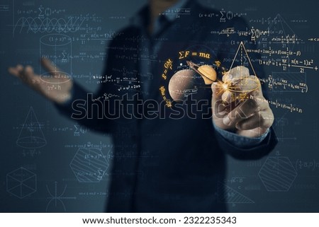 Professor or physics scientist writing and study laws of gravitational force from stars in solar system that affect our planet and phenomena such as sea level or heat waves from solar storms.