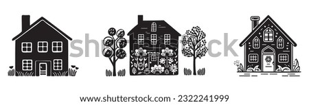 Set of rustic cottage motif in homestead vintage style. Vector illustration of whimsical rural country house. 