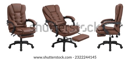 All angels view of Brown leather office chair white bg, hair for Office Work at Home, Recliner Chair with Padded Arms  Leg Rest. Footrest  Heavy Duty Nylon Base, office chair for Executive Officer Royalty-Free Stock Photo #2322244145