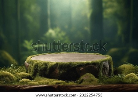 Flat stone podium in the magical forest , empty round stand background Royalty-Free Stock Photo #2322254753