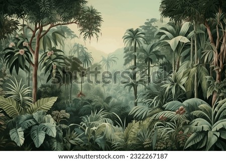 Abstract art vector illustration. Watercolor painting, children's wallpaper. Hand drawn plants. Palms, rainforest, leaves, flowers. modern Art. Prints, wallpapers, posters, cards, murals Royalty-Free Stock Photo #2322267187