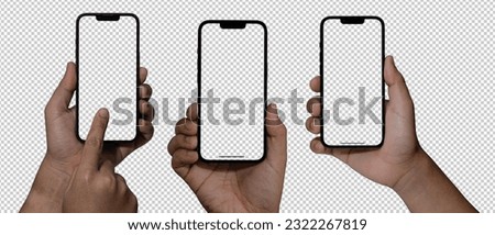 modern frameless design, Hand holding smart phone Mockup and screen Transparent and Clipping Path isolated for Infographic Business web site design app, holding smartphone