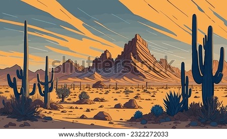 Desert landscape abstract art background. Texas western mountains and cactuses. Vector illustration of Wild West desert with red sky and sun. Design element for banner, flyer, card, sign template Royalty-Free Stock Photo #2322272033