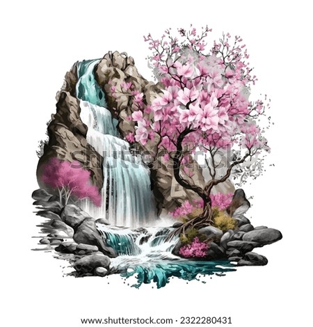 Blossom Tree Waterfall Traditional Japanese | Transparent 300dpi digital tshirt POD, EPS, vector, clipart, book cover, wallart, ready to print, Print-on-Demand, colorful, no background, beauty