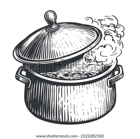 Metal pot with top. Cooking concept. Hand drawn engraving style vector illustration