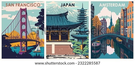 Set of Travel Destination Posters in retro style. San Francisco, USA, Japan, Amsterdam, Netherland prints. International summer vacation, holidays concept. Vintage vector colorful illustrations. Royalty-Free Stock Photo #2322285587