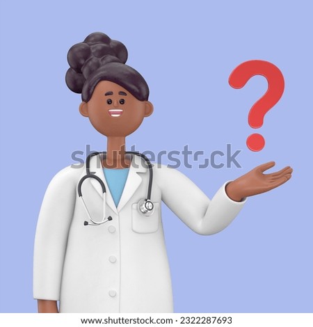 3D Illustration of Female Doctor Juliet thinking with a question mark,looking for a solution.decision and problem concept.Medical presentation clip art isolated on blue background
