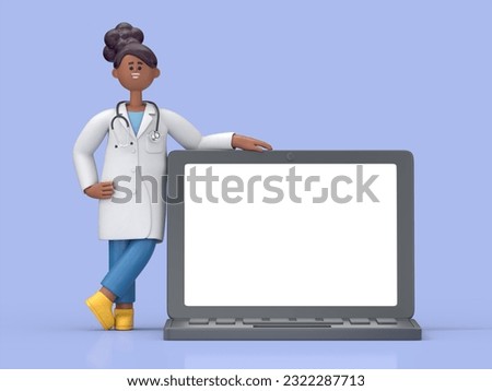 3D illustration of Female Doctor Juliet  supported by laptop.Medical presentation clip art isolated on blue background
