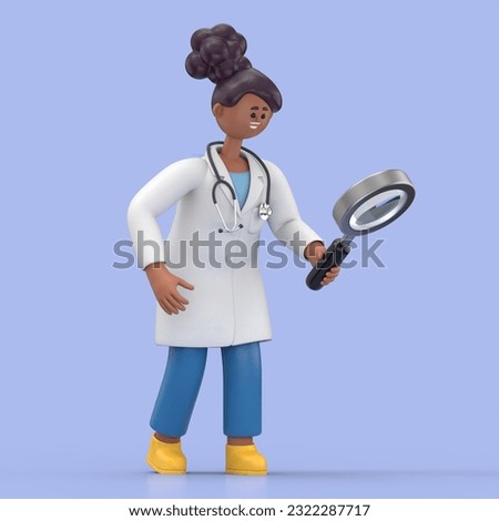 3D illustration of Female Doctor Juliet looking through a magnifying glass and searching for information. Cartoon exploring businessman holding a magnifier, Medical presentation clip art isolated on b
