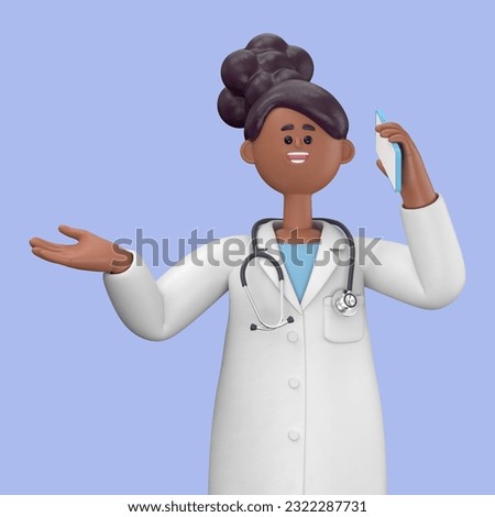 3D Illustration of Female Doctor Juliet talking phone, calling by telephone. Communication and conversation with smartphone concept. Medical presentation clip art isolated on blue background
