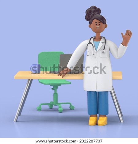 3D Illustration of Female Doctor Juliet working on computer in workplace.Medical presentation clip art isolated on blue background
