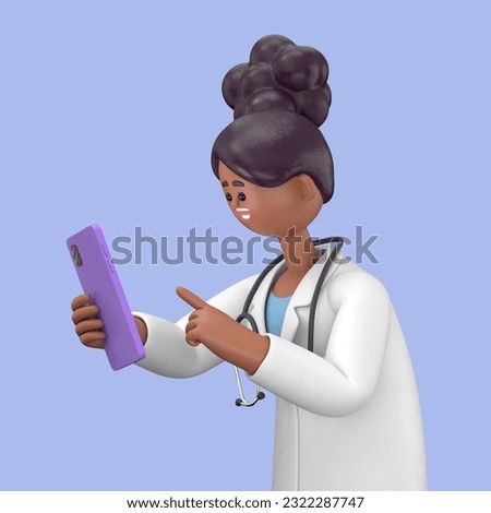 3D Illustration of Female Doctor Juliet use smartphone. Medical presentation clip art isolated on blue background
