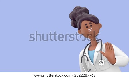 3D illustration of Female Doctor Juliet saying hello.Medical presentation clip art isolated on blue background
