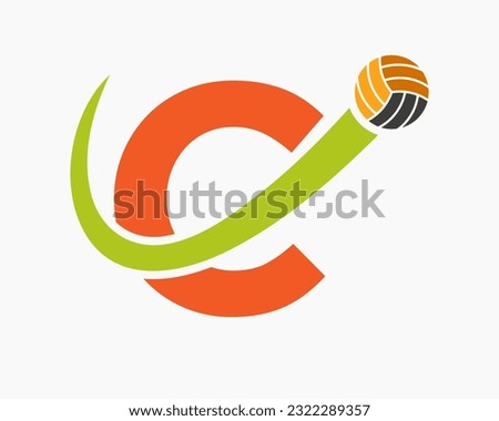 Letter C Volleyball Logo Concept With Moving Volley Ball Icon. Volleyball Sports Logotype Template