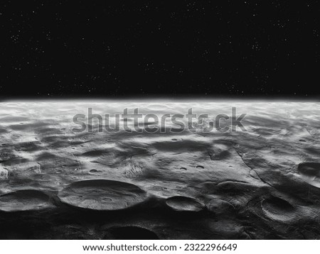 Planetary satellite, view from orbit. Relief and craters on the surface of a rocky moon. Cosmic landscape. Royalty-Free Stock Photo #2322296649