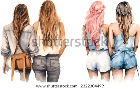
Girls stand behind clipart, isolated vector illustration.