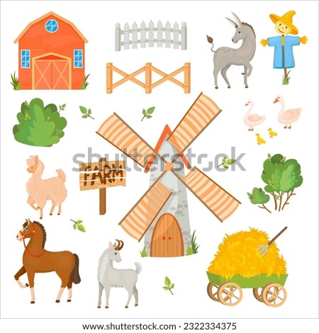 Donkey, Horse, Llama or Alpaca, Sheep, Cow, Goat and Pig. Farm animals and buildings. Mill. Barn. Cattle breeding Vector illustration isolated on white background.