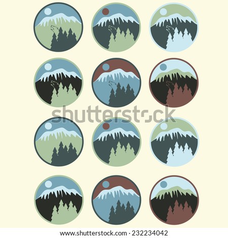 set of vintage labels with mountain,pines and wolf